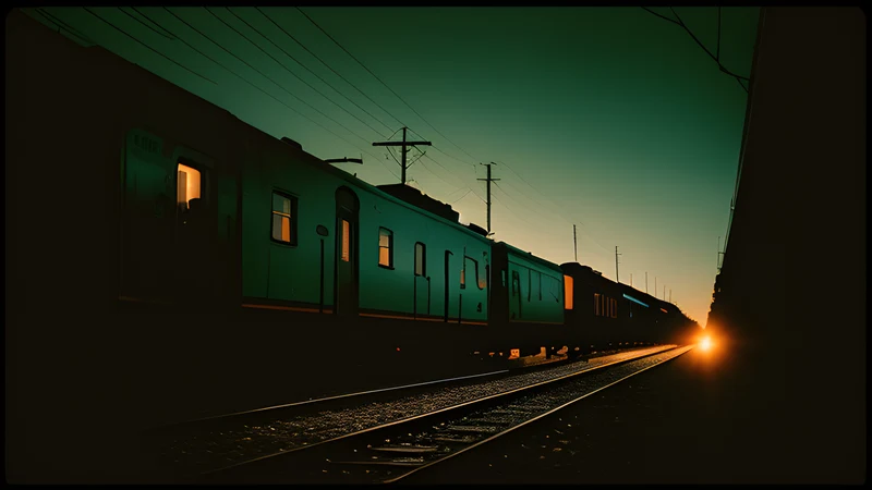 A rail town at dusk in teal and amber, a razor blade catching the last light