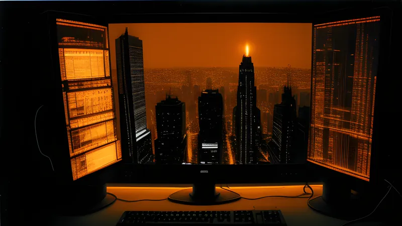 A figure swinging between towering skyscrapers over a glowing city grid, amber CRT phosphor bloom