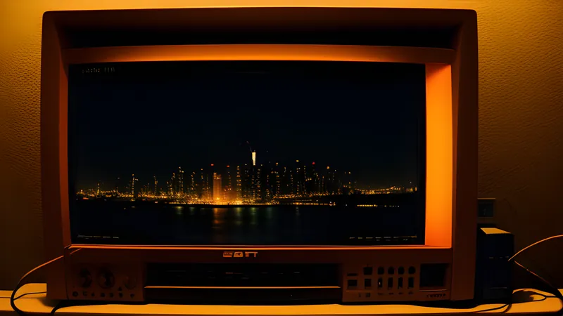 A taut glowing thread arcing between skyscraper silhouettes above a night skyline, amber CRT phosphor bloom