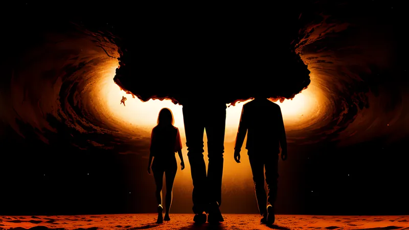 A small formation of silhouetted figures walking toward a swirling deep-space anomaly, rendered in warm CRT amber
