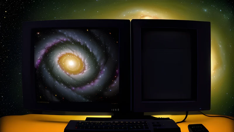 A spiral galaxy rendered as a ruled accounting ledger, glowing in amber phosphor with scanlines