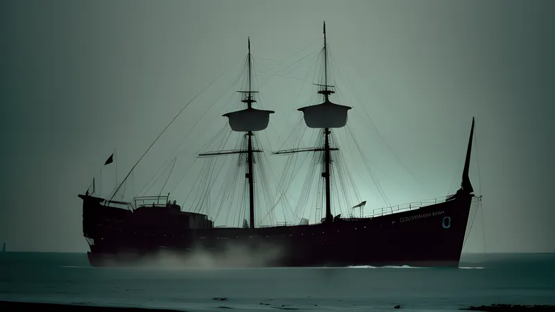 A fog-wrapped derelict schooner furred with luminous fungus, rendered as a repertory cinema poster in teal and amber