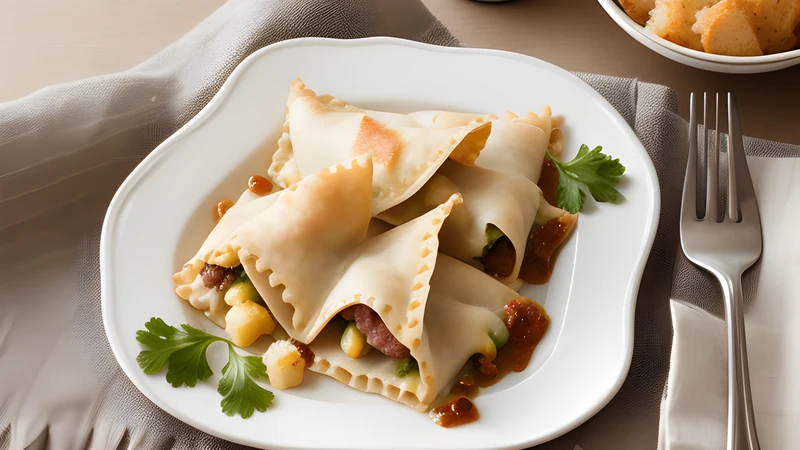 Large square pasta pockets in a clear broth in a shallow bowl, scattered with chives