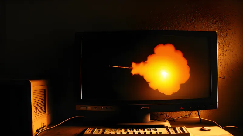 A suspended bullet frozen mid-air above a rain-streaked fire escape, amber CRT phosphor glow