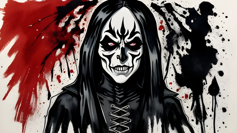 Ink illustration of a corpse-painted figure against a frostbitten forest, single crimson accent