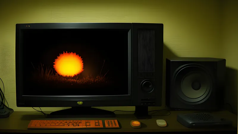 A grey grid flooding into saturated colour across a phosphor-bloomed CRT in burnt amber