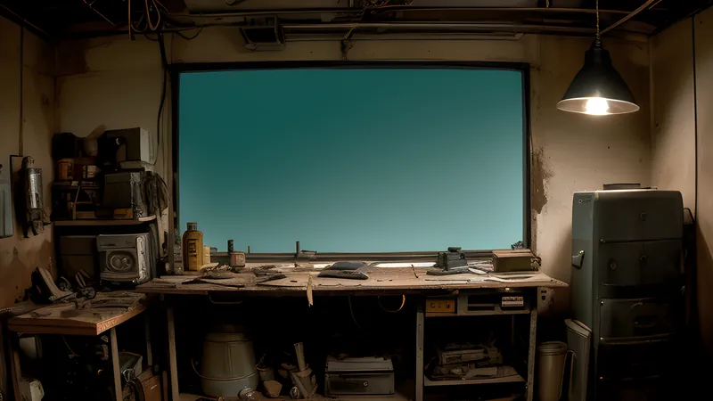 Two figures fused with scrap machinery reaching for each other across a rusted factory floor, teal and amber repertory poster, projector light through smoke