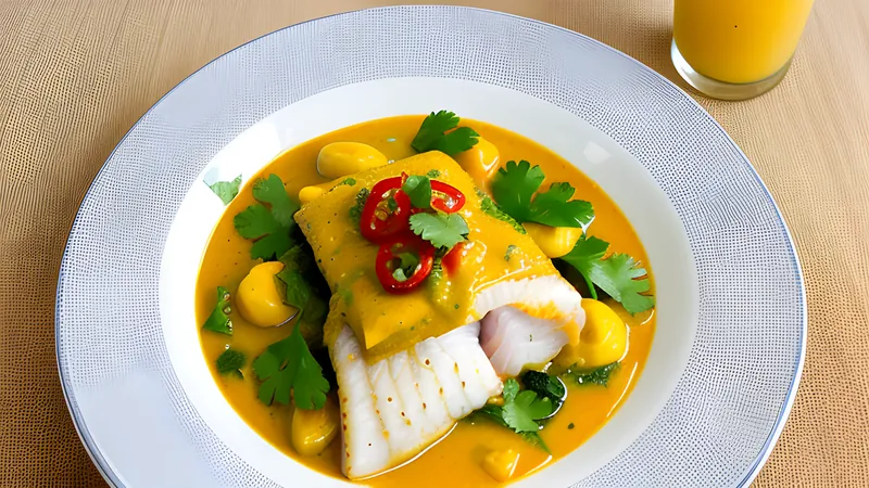 Pieces of white fish in a pale golden coconut curry, scattered with curry leaves