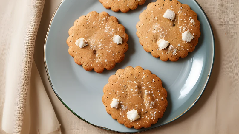 Oval brown honey-soaked biscuits piled on a plate, thickly scattered with crushed walnuts
