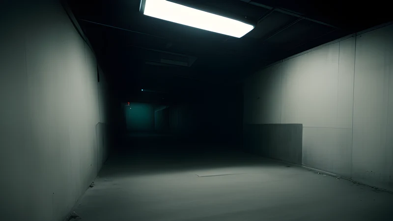 A lone figure in an empty concrete room facing a hard shaft of light, repertory-poster style in teal and amber