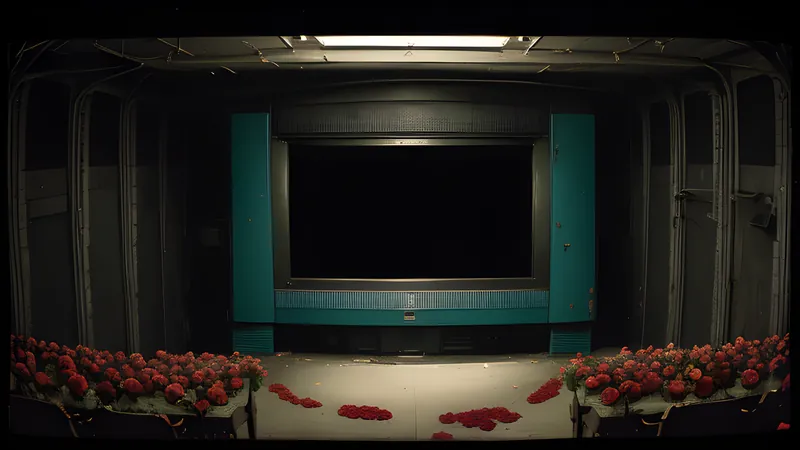 A derelict space hulk filled with roses, rendered as a moody repertory-cinema poster in teal and amber