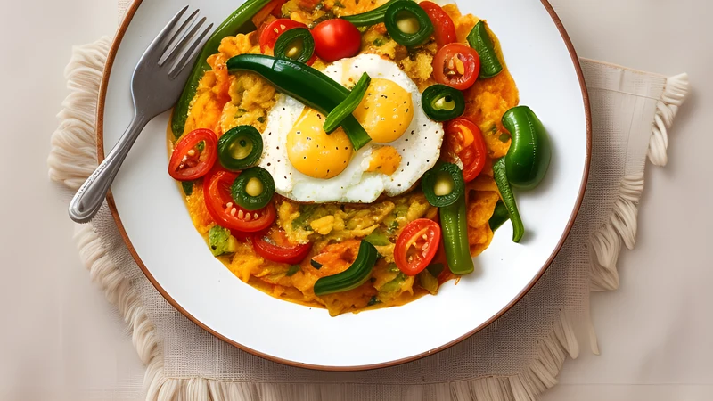 Soft-scrambled menemen with green peppers and tomato in a small copper pan, crusty bread alongside