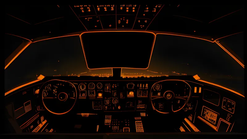 A wireframe city seen from a low-polygon cockpit, amber CRT glow across empty geometric towers