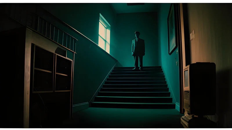 A stair, a key, a flower and a mirror-faced figure, rendered as a grainy repertory cinema poster in teal and amber