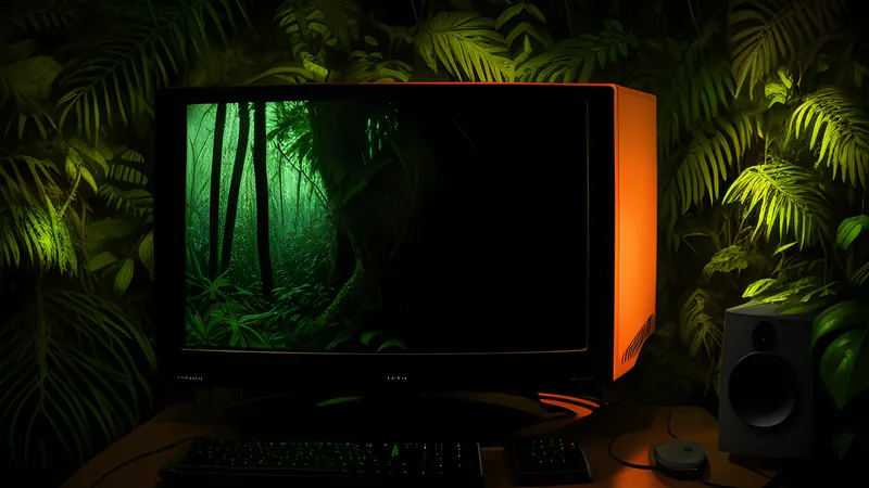 A single camouflaged silhouette crouched in dense dripping jungle foliage
