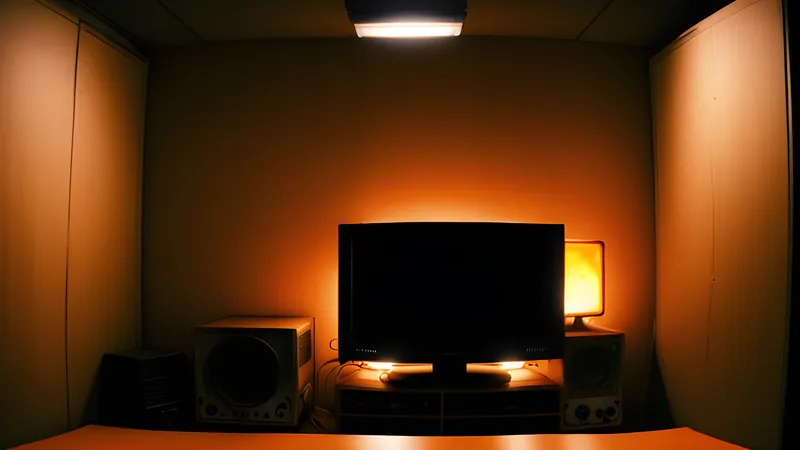 A cardboard box in a snowbound facility corridor with a radio frequency glowing in amber above it