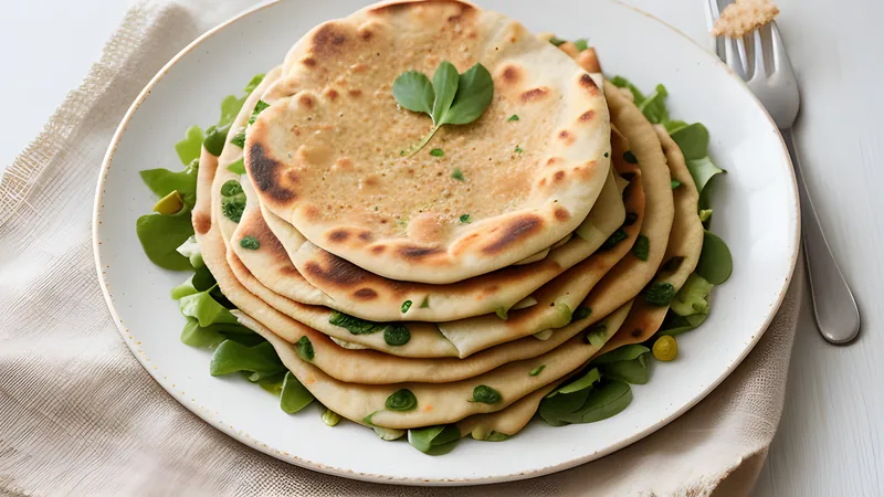 A stack of thin, spotted brown methi thepla flatbreads flecked with green fenugreek