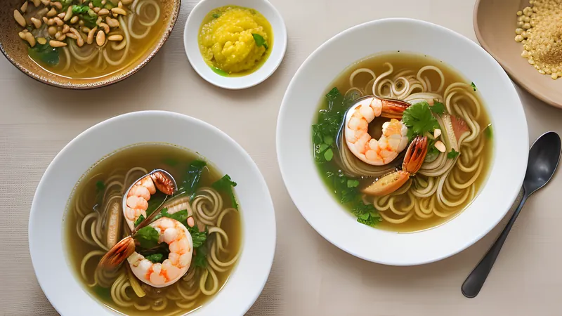 A shallow bowl of turmeric-yellow rice noodles with prawns, pork, peanuts and a rice cracker propped on the rim