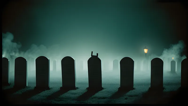 A gothic cemetery of leaning headstones lit by a lone gravedigger's lantern, teal and amber repertory poster style
