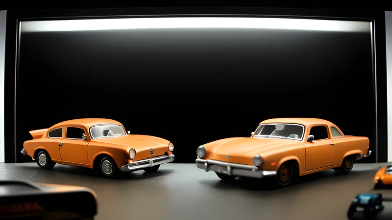 Toy cars racing across a giant kitchen table landscape of towering everyday objects, warm CRT amber glow