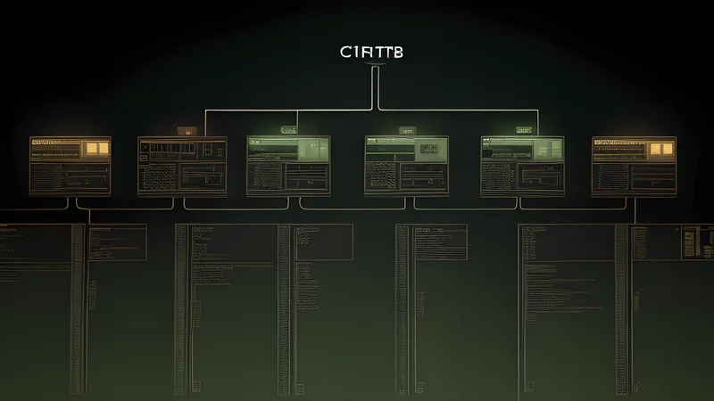 A tangled glowing org chart of boxes wearing a stitched patchwork costume of circuit lines, warm orange accent lighting