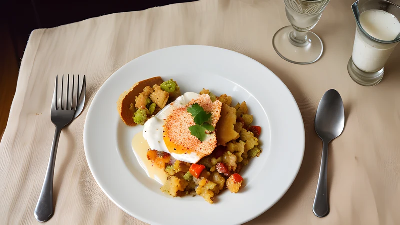 A cast iron pan of golden paprika-stained breadcrumbs with chorizo, grapes and a fried egg on top