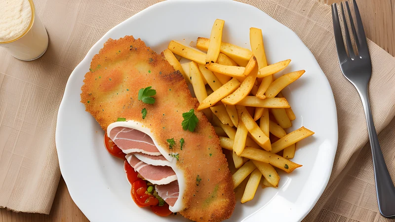A breaded beef cutlet topped with melted cheese, ham and tomato beside a pile of chips