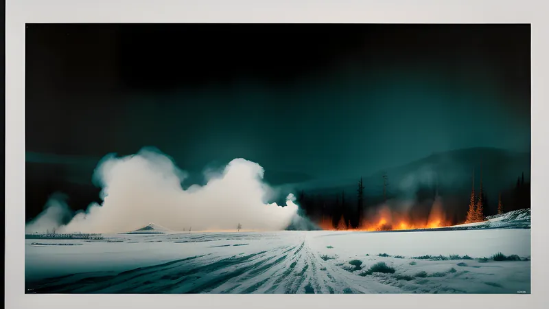 A film set dissolving into a snowfield, rendered as a moody repertory-cinema poster in teal and amber