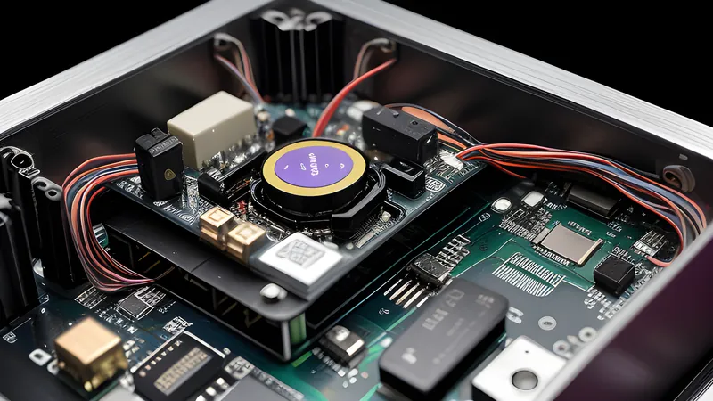 An invented small mini-PC box cutaway showing a compact motherboard, a small fan and a single glowing chip