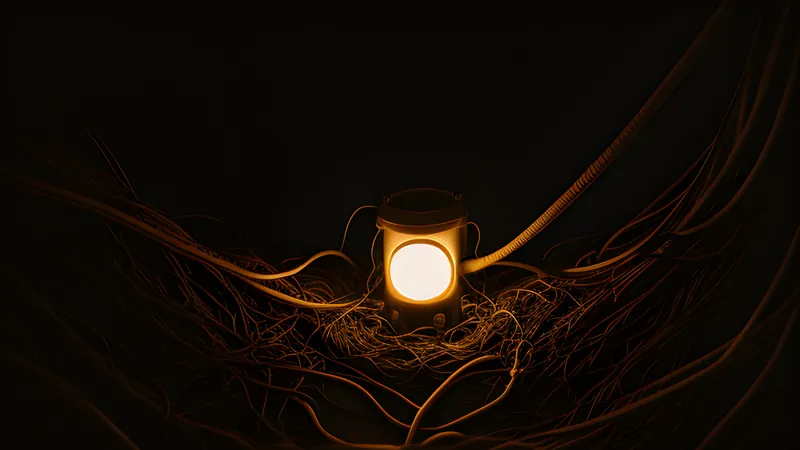 A single clean glowing feed line running through a tangle of discarded heavy cables