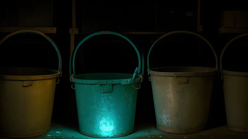 An object store of glowing buckets stacked in a private dark warehouse