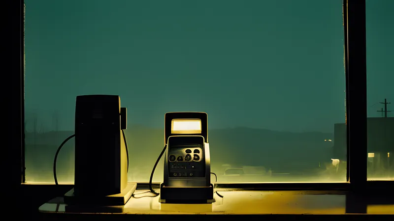 A lone diner payphone glowing at four in the morning under a bleached empty sky