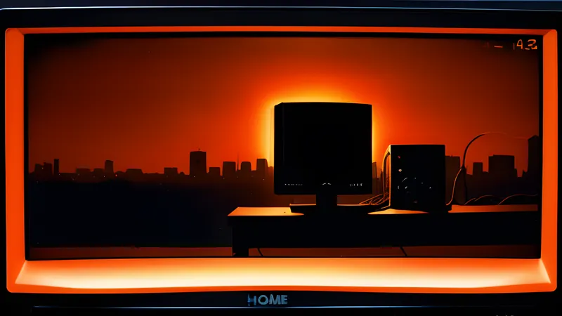 A stark white rooftop ledge glowing red against a clean blue skyline, rendered in warm CRT amber