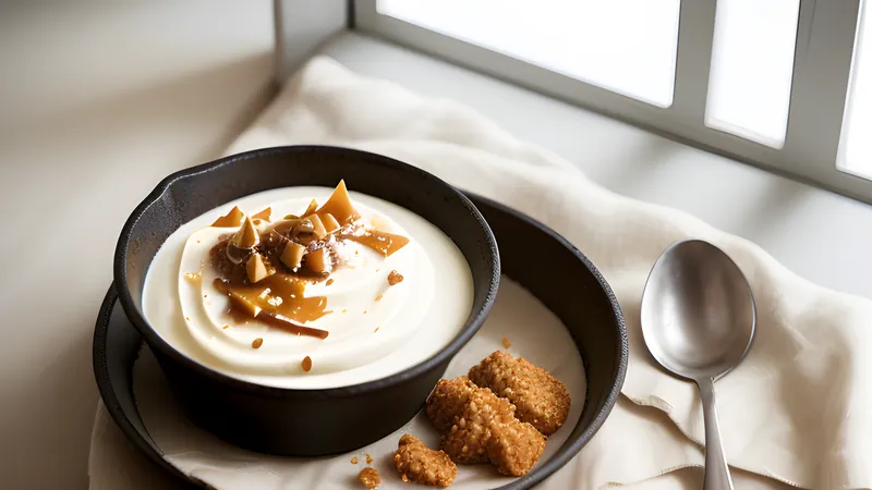 Tawny, caramel-coloured set yoghurt in a small clay pot, glossy on top