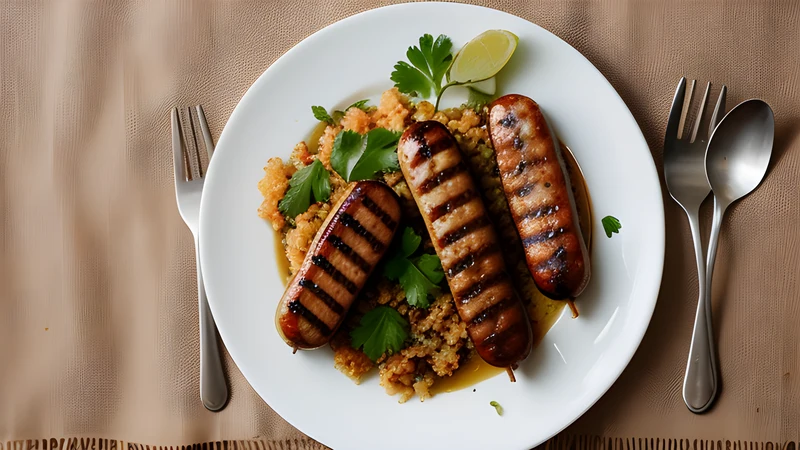 Charred skinless minced meat sausages on a grill rack beside a pot of mustard and a hunk of white bread