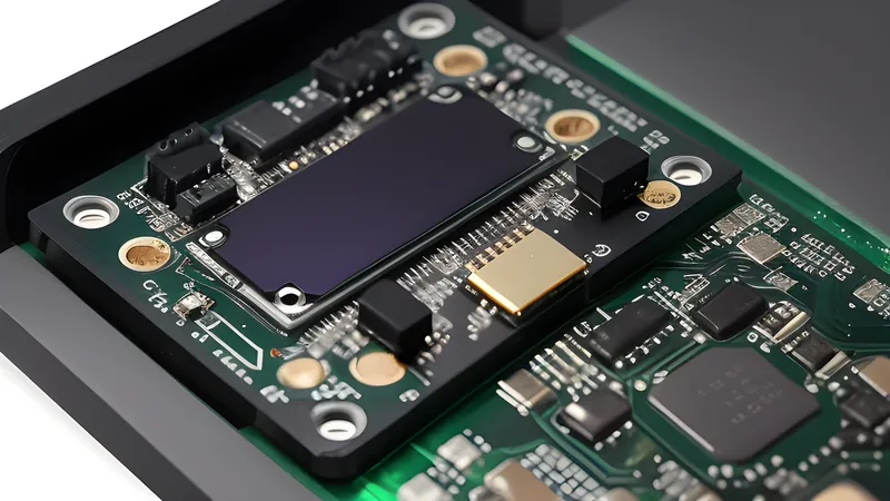 A small invented pocket handheld console body with a glowing screen, exposed circuit board edge visible