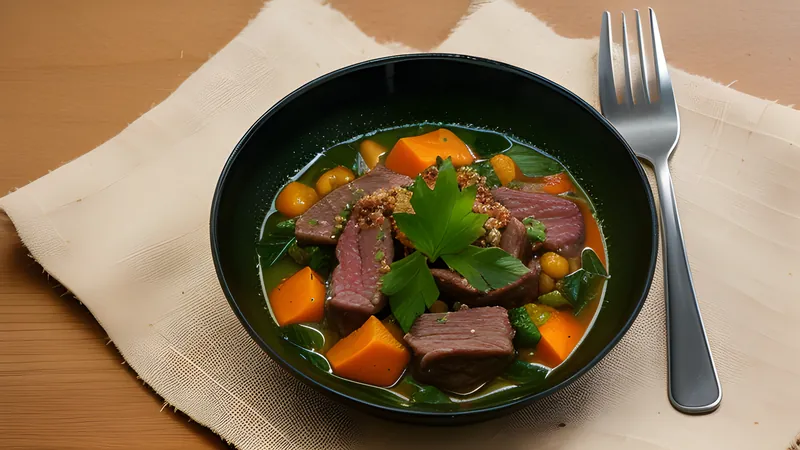 A pot of dark glossy jute-leaf mloukhia stew with tender beef, ladled over rice