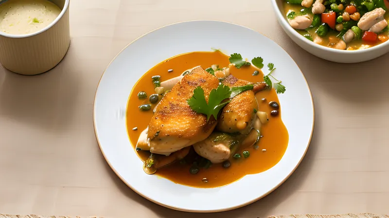 Chicken thighs in a rich, glossy orange-red palm butter stew in a dark pot, served with rice