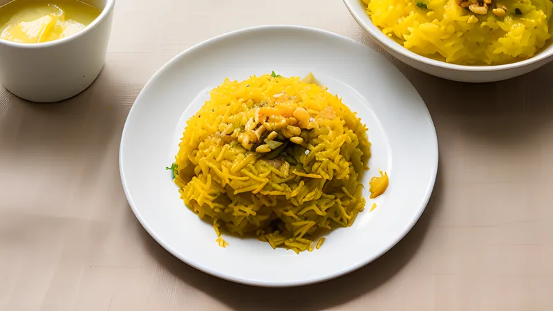 A platter of golden saffron rice studded with raisins, almonds and cashews, glistening with ghee