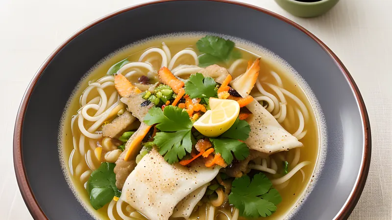 A bowl of mohinga noodle soup topped with boiled egg, coriander and crispy fritters