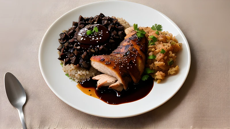 Glossy dark Oaxacan mole negro poured over chicken, scattered with toasted sesame seeds