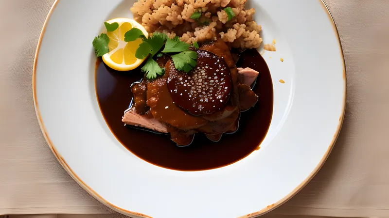 Dark mole poblano sauce ladled over turkey pieces with a scatter of toasted sesame seeds