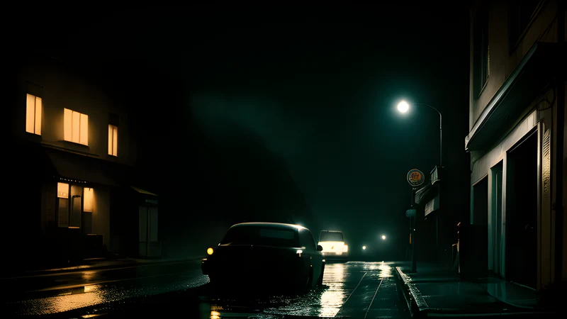 A rain-slicked street at night with a white car idling under a streetlight