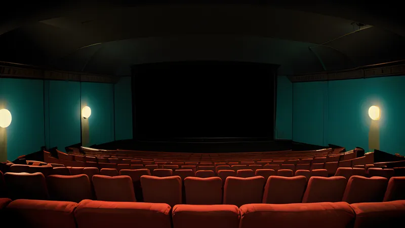 A vintage film camera lens turned on a crowd of blurred faces under harsh light, repertory cinema poster in teal and amber with heavy grain