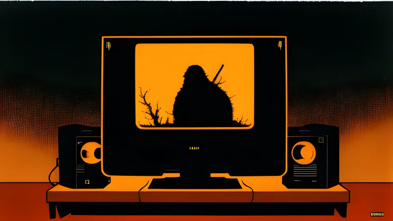 A hunter dwarfed by a vast desert beneath a great beast, rendered in CRT amber glow