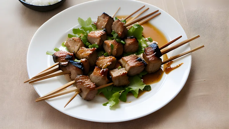 Skewers of glazed grilled pork over charcoal, glistening with a coconut-milk marinade
