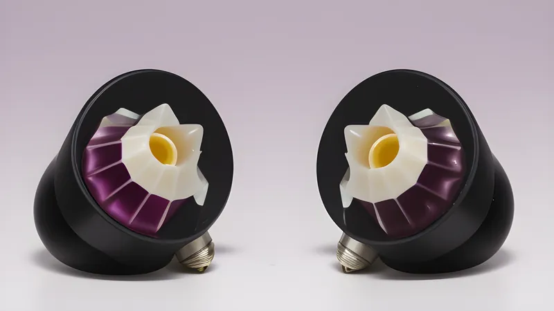 Two tiny invented in-ear monitor shells side by side, one resin-shell smooth, one faceted metal
