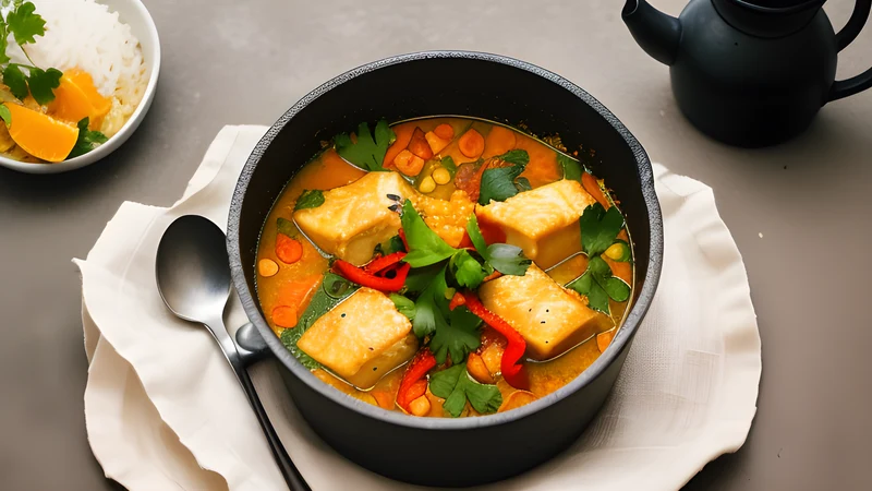 An orange coconut and dendê fish stew with peppers and coriander in a dark clay pot