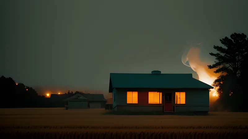 A roadside motel sign with a failing neon letter, smoke drifting across a dark field, repertory-cinema poster in teal and amber