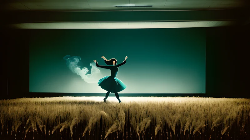 A woman dancing alone in a wide field of dry reeds under an overcast sky